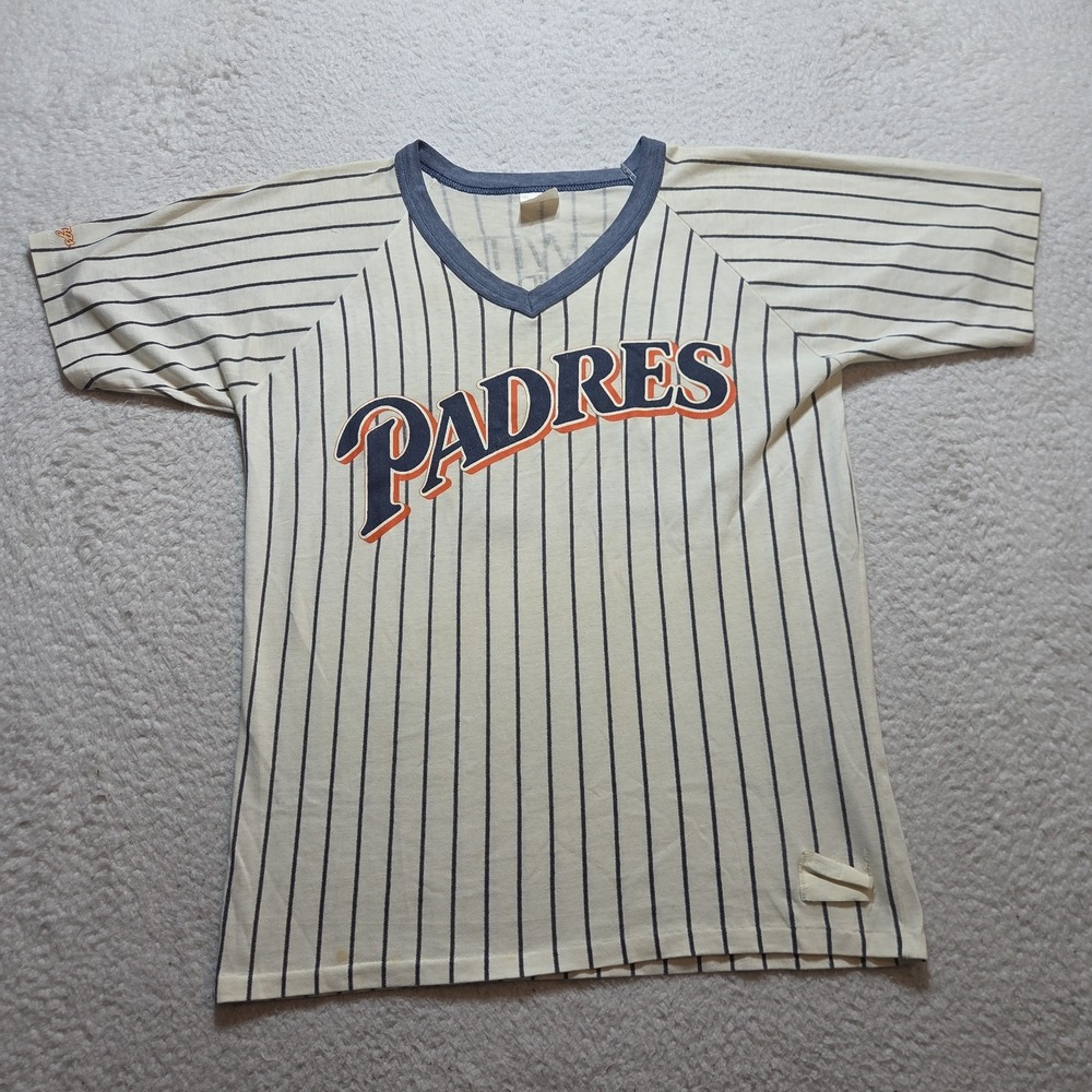 Vintage 1980s Rawlings San Diego Padres Pinstripe V-Neck Jersey T-Shirt Large